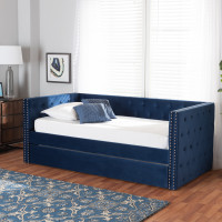 Baxton Studio CF9227-Navy Blue Velvet-Daybed-TT Baxton Studio Larkin Modern and Contemporary Navy Blue Velvet Fabric Upholstered Twin Size Daybed with Trundle